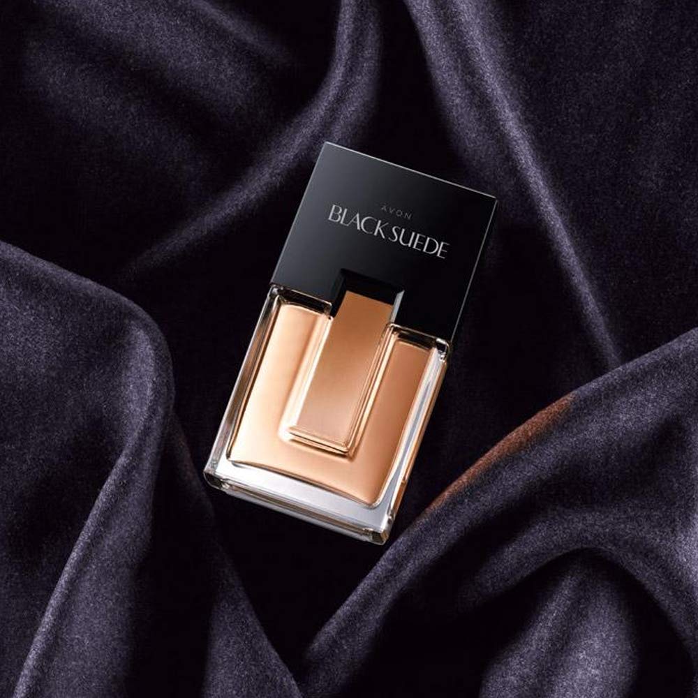 AVON Black Suede brand logo detail reinforces premium masculine fragrance