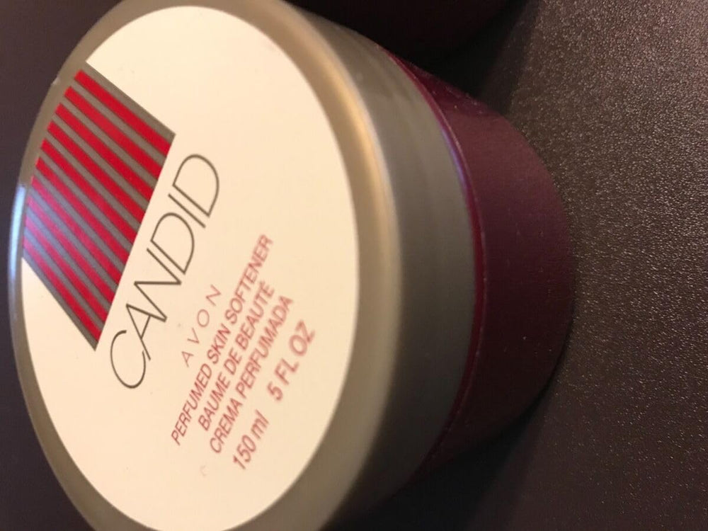 AVON Candid perfumed skin softener being poured for quick moisturization and lingering fragrance.