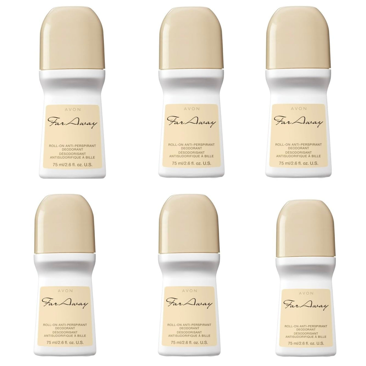Avon Far Away roll-on deodorant bottle shows the classic scent for all-day freshness.