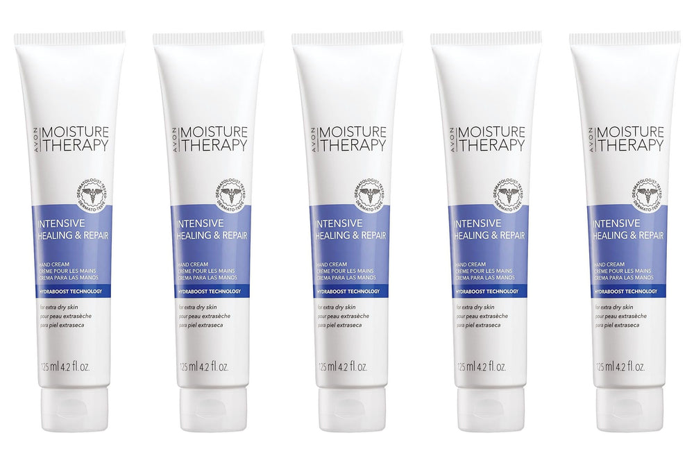 AVON Moisture Therapy Calming Relief hand cream tub front highlights hydration for dry hands.