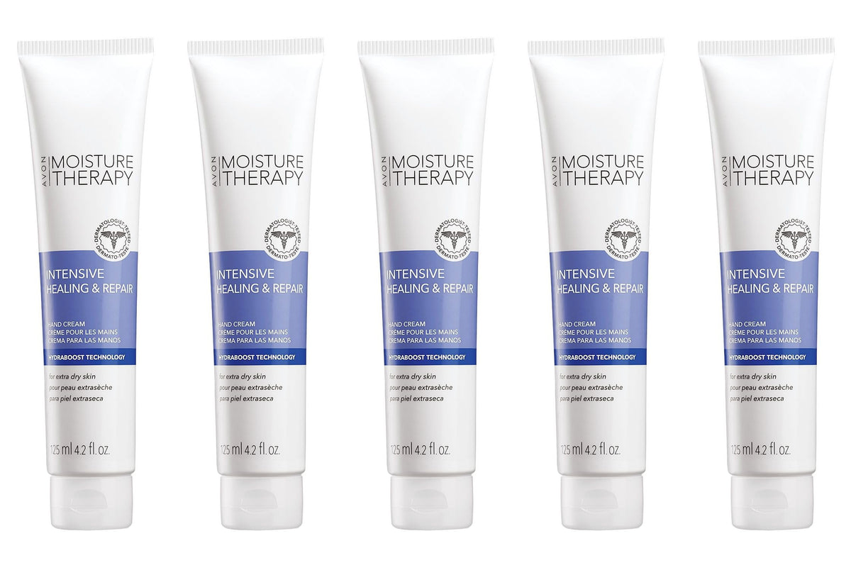 AVON Moisture Therapy Calming Relief hand cream tub front highlights hydration for dry hands.