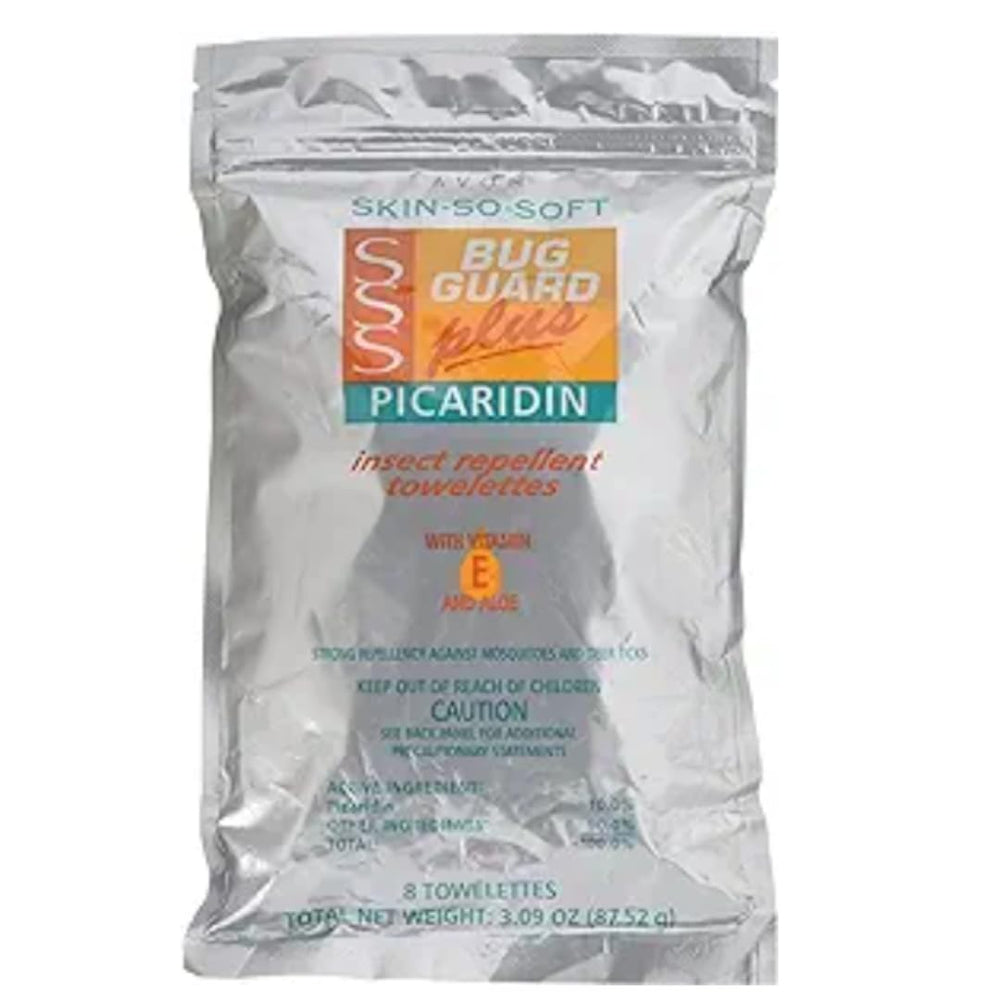 AVON Skin So Soft Bug Guard towelettes closeup showing picaridin formula for gentle outdoor protection.