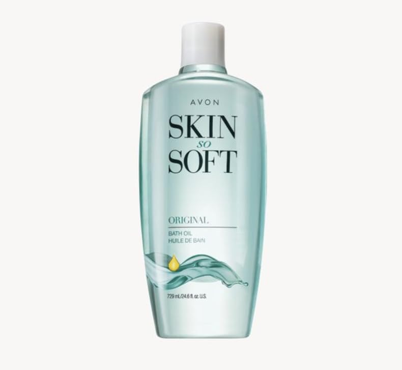 Avon Skin So Soft Original bath oil bottle offers deep hydration and silky skin.