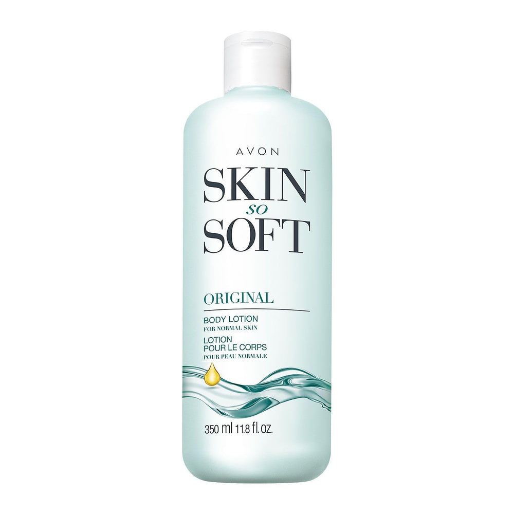 Avon Skin So Soft Original bottle front promotes lasting hydration.