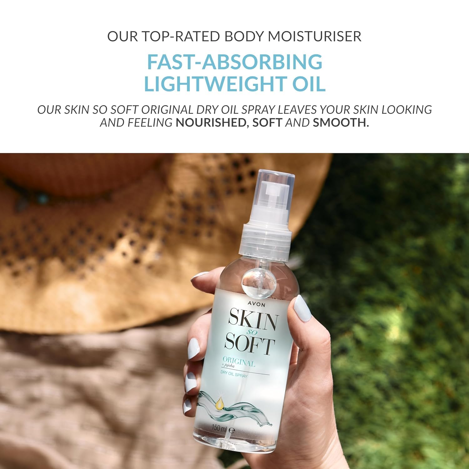 AVON Skin So Soft Original Dry Oil Spray featuring jojoba oil as a nourishing ingredient.