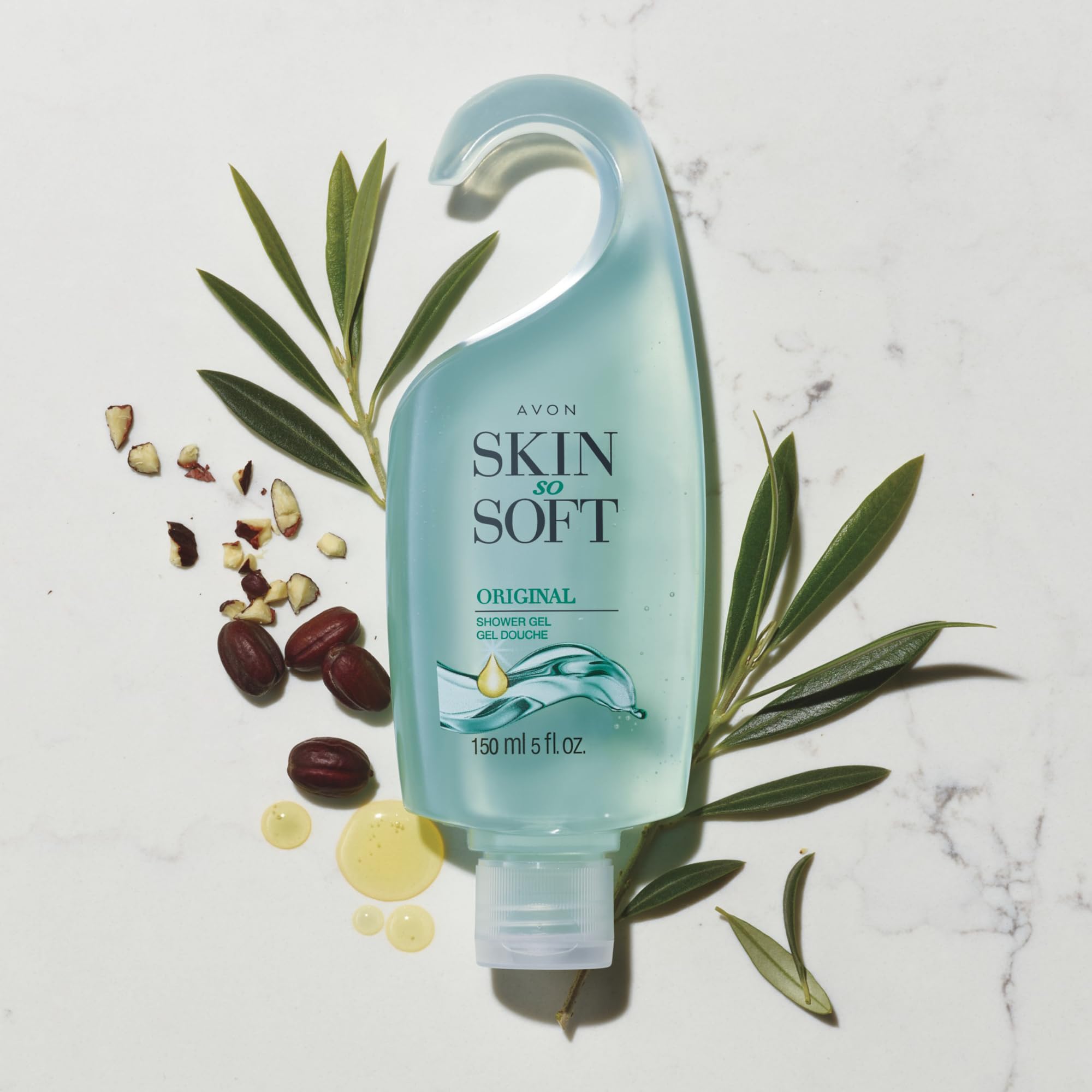Hands applying AVON Skin So Soft gel in the shower for cleansing.