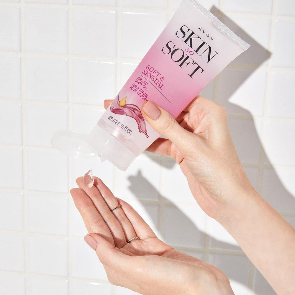 AVON Skin So Soft Sensual Gelled Body Oil texture close-up showing silky finish.