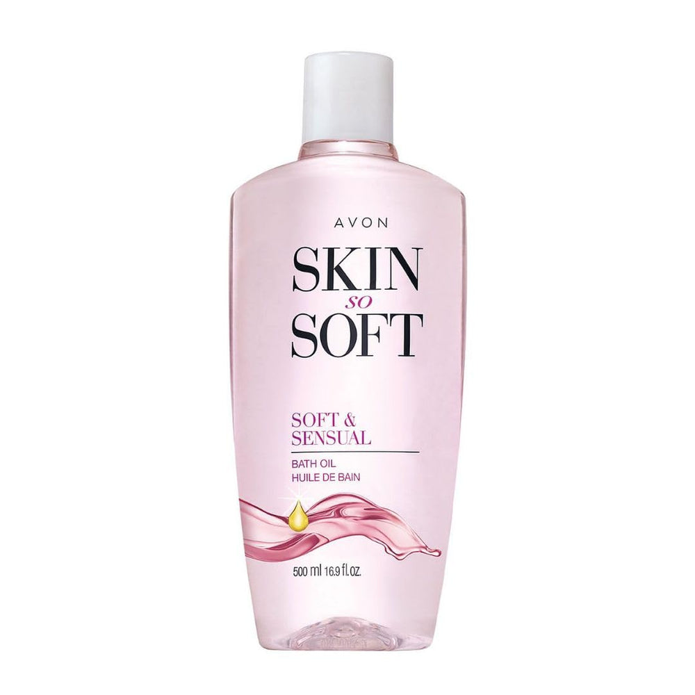 AVON Skin So Soft Soft & Sensual bath oil bottle delivering rich hydration after shower.