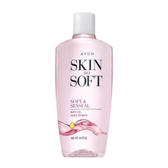 AVON Skin So Soft Soft & Sensual bath oil bottle delivering rich hydration after shower.