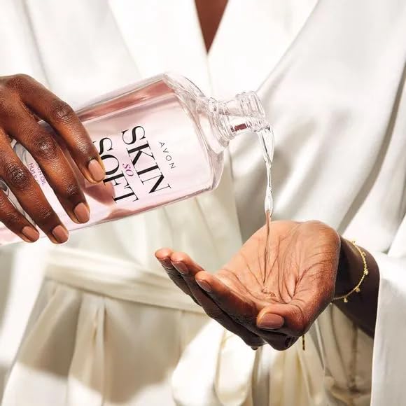 AVON Skin So Soft Soft & Sensual bath oil texture showing silky finish.