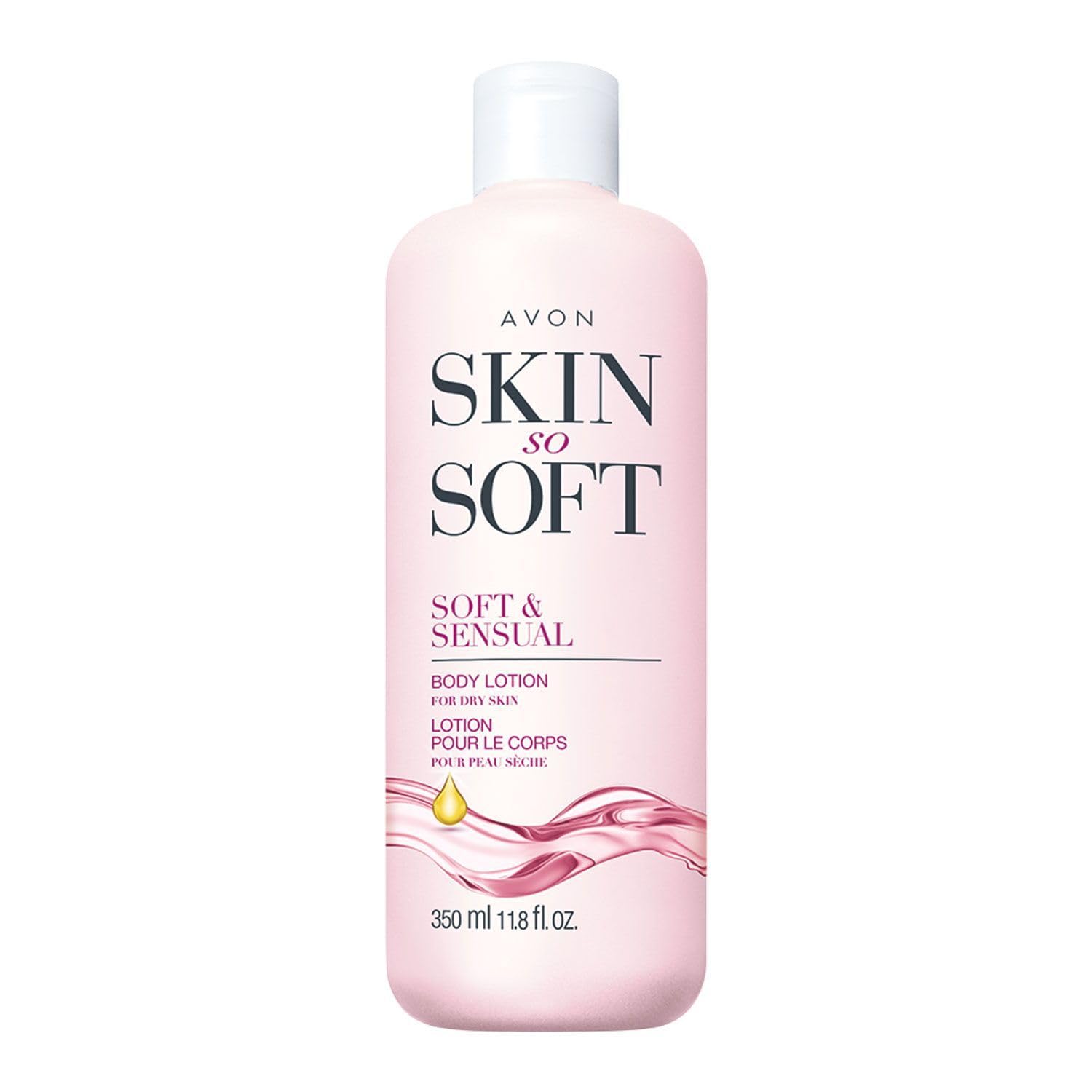 AVON Skin So Soft Soft & Sensual bottle pour showcases deep hydration for smooth skin.