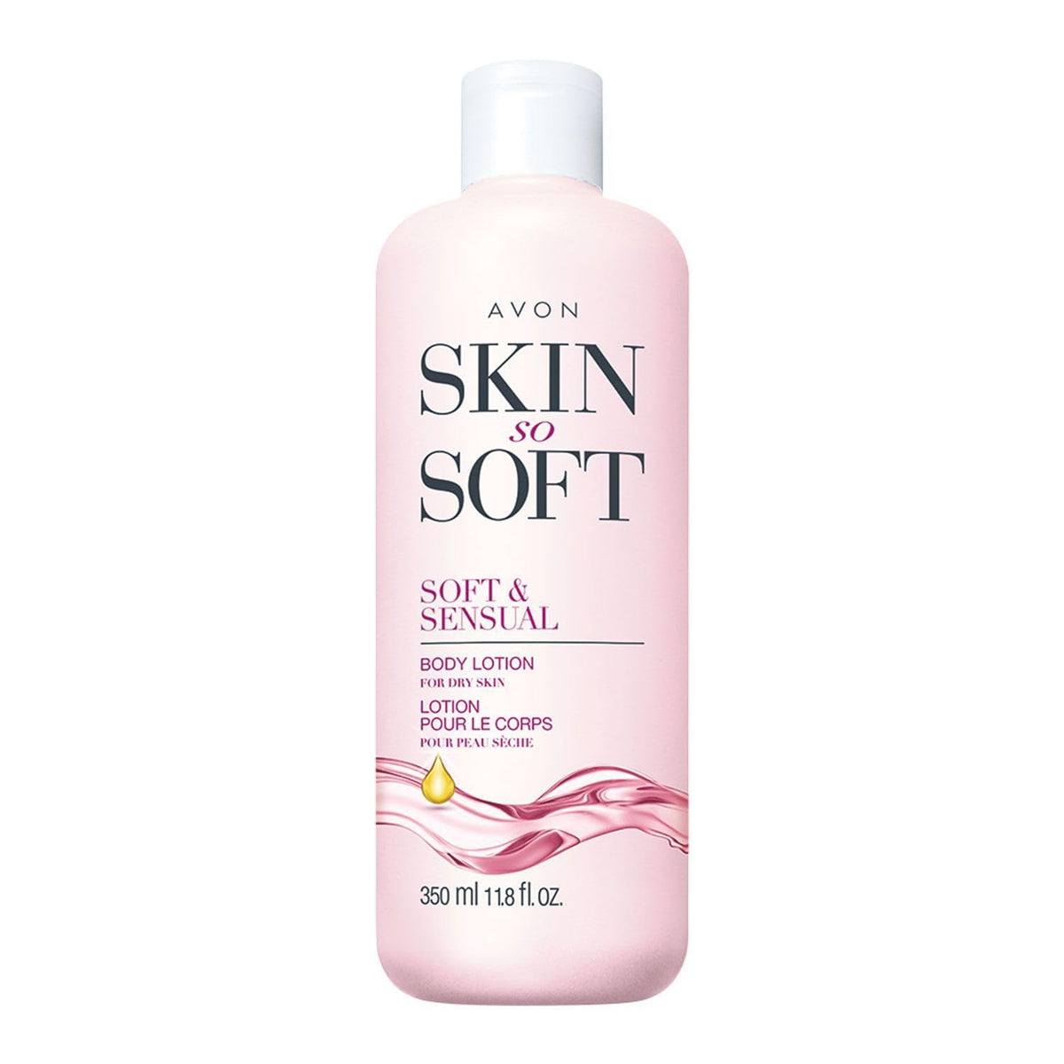 AVON Skin So Soft Soft & Sensual bottle pour showcases deep hydration for smooth skin.