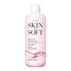 AVON Skin So Soft Soft & Sensual bottle pour showcases deep hydration for smooth skin.