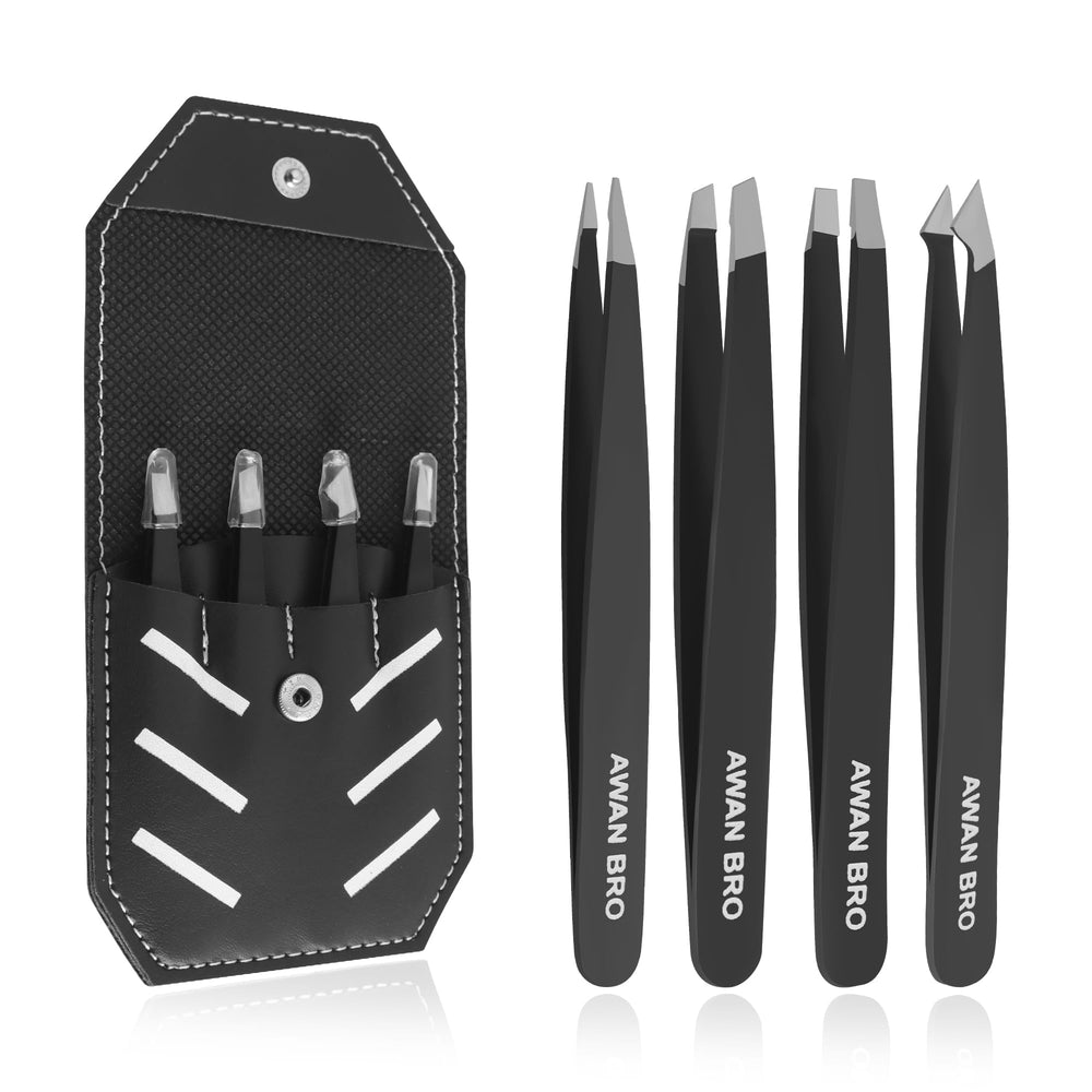 AWAN BRO premium eyebrow tweezers set in stylish case for organized grooming.