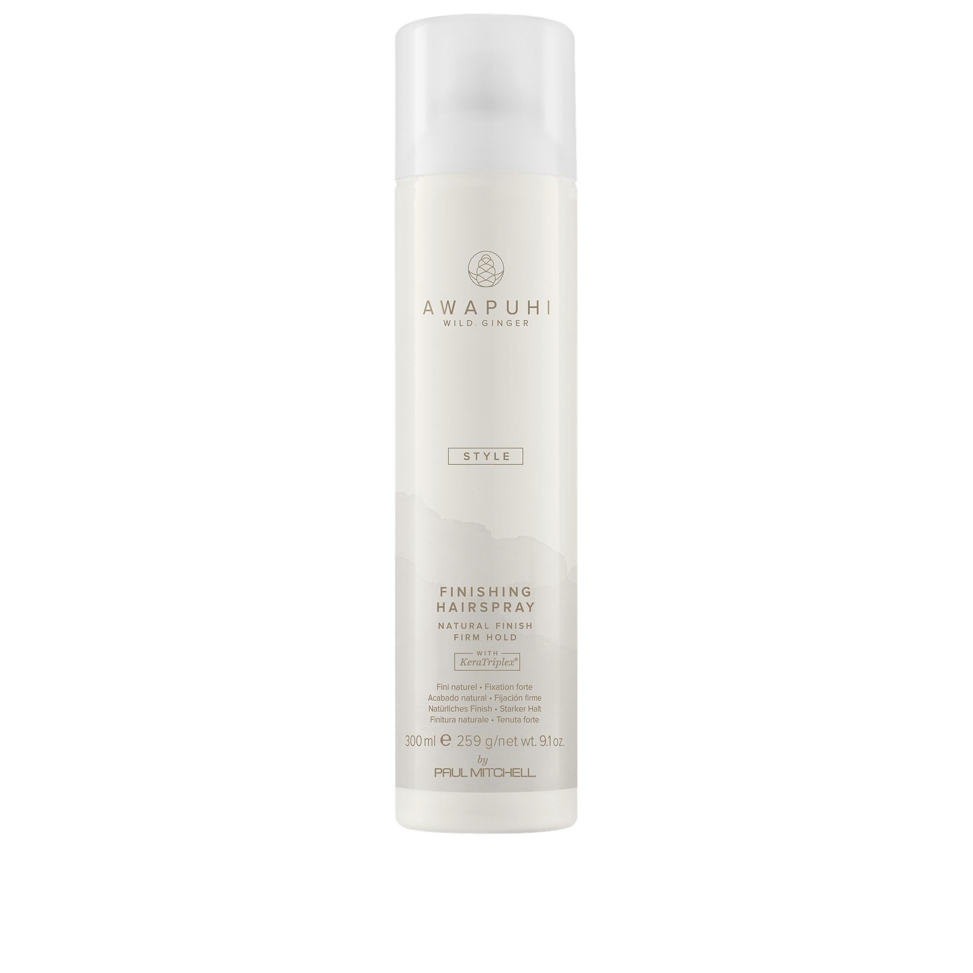 Awapuhi Wild Ginger finishing spray bottle demonstrating firm hold and natural shine.