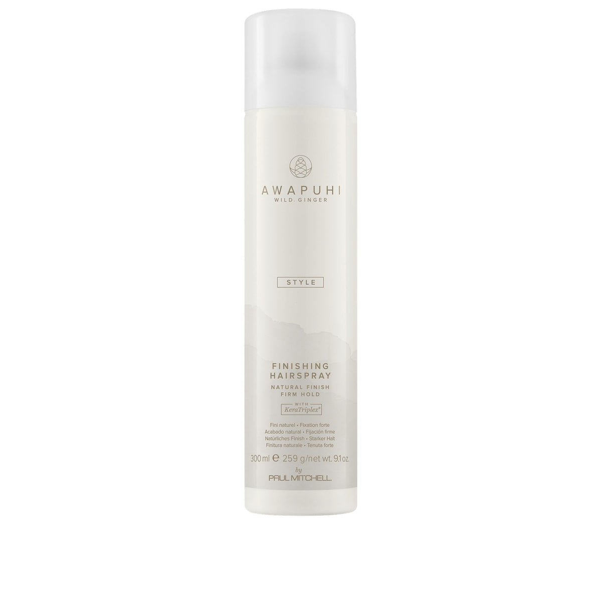 Awapuhi Wild Ginger finishing spray bottle demonstrating firm hold and natural shine.