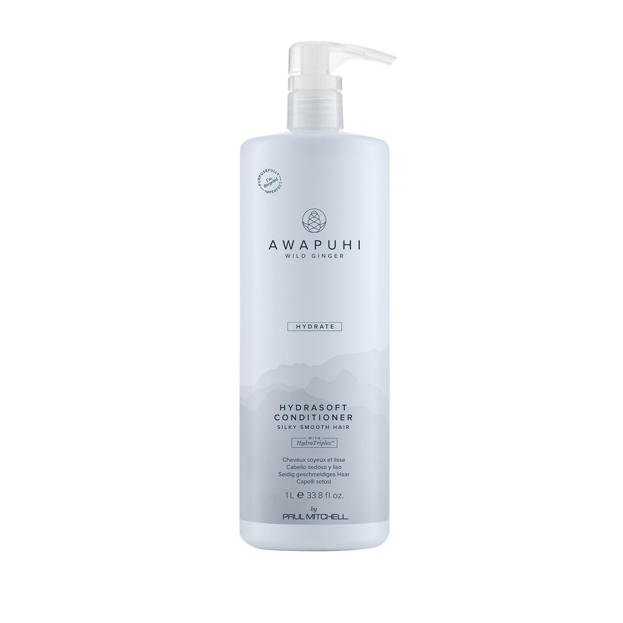 Awapuhi Wild Ginger HydraSoft conditioner bottle on counter for silky hydration.