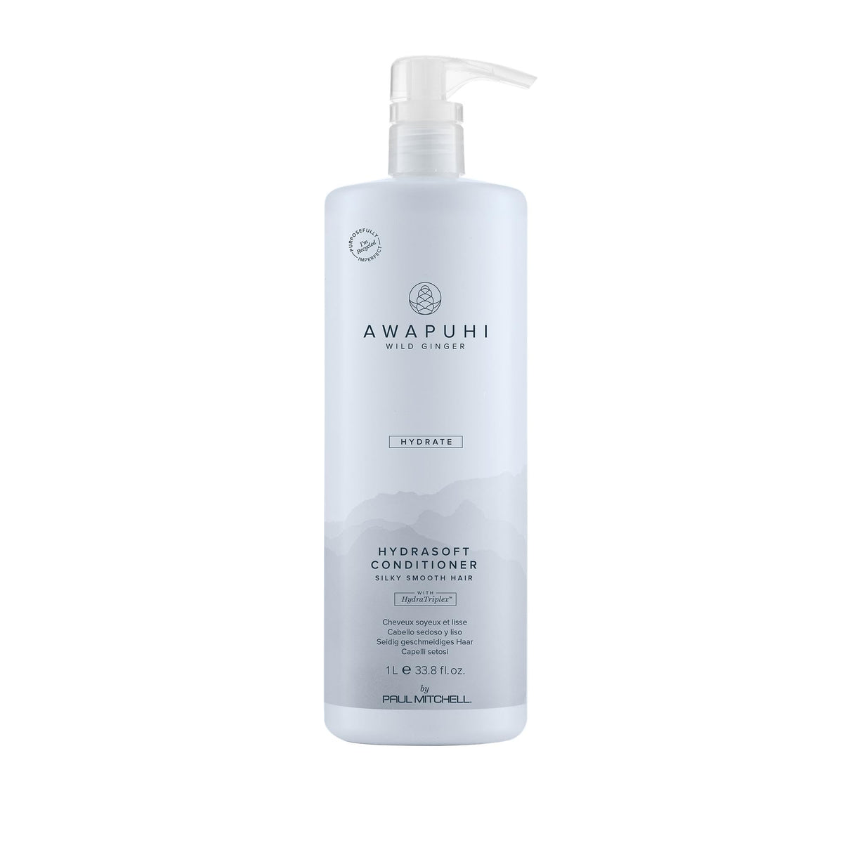 Awapuhi Wild Ginger HydraSoft conditioner bottle on counter for silky hydration.