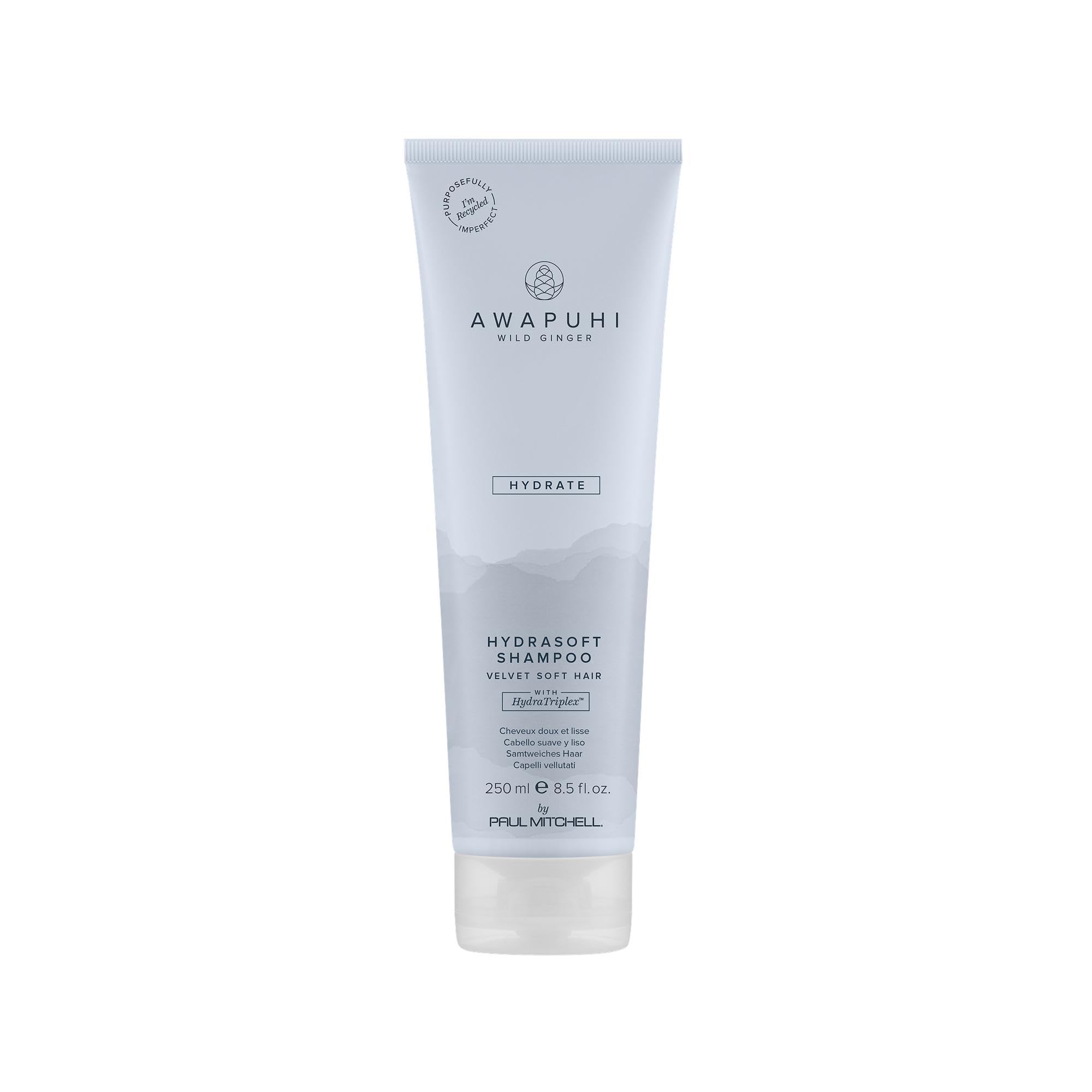 Awapuhi Wild Ginger HydraSoft Shampoo bottle showing moisture restoration for dry hair.
