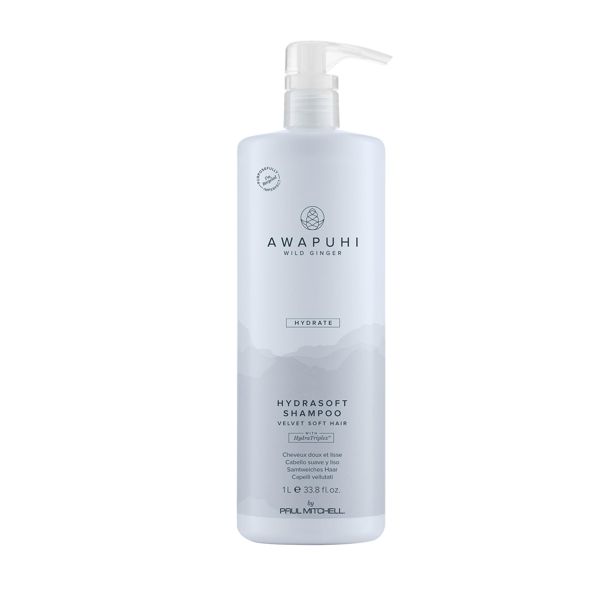 Awapuhi Wild Ginger HydraSoft Shampoo bottle demonstrates color-safe moisture cleansing.