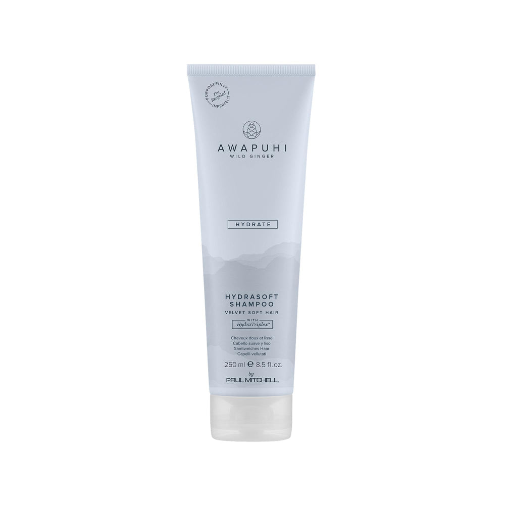 Awapuhi Wild Ginger HydraSoft Shampoo bottle showing moisture restoration for dry hair.