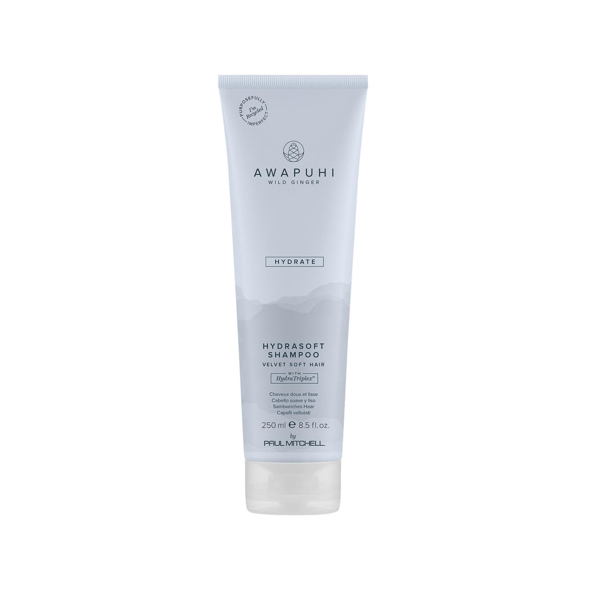 Awapuhi Wild Ginger HydraSoft Shampoo bottle showing moisture restoration for dry hair.