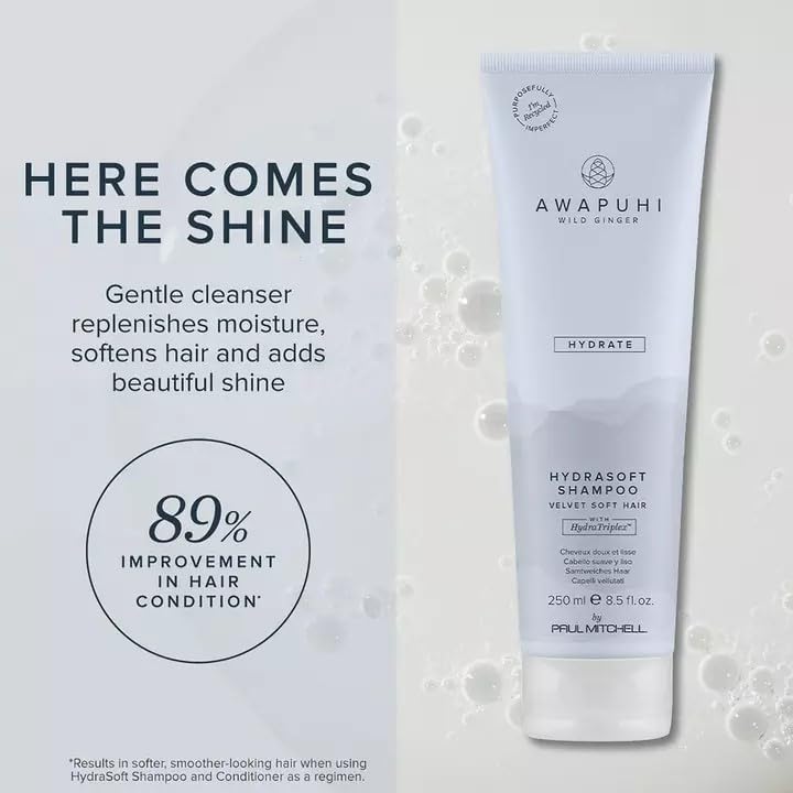 Awapuhi Wild Ginger HydraSoft Shampoo ingredients list with hyaluronic acid and vegan collagen.