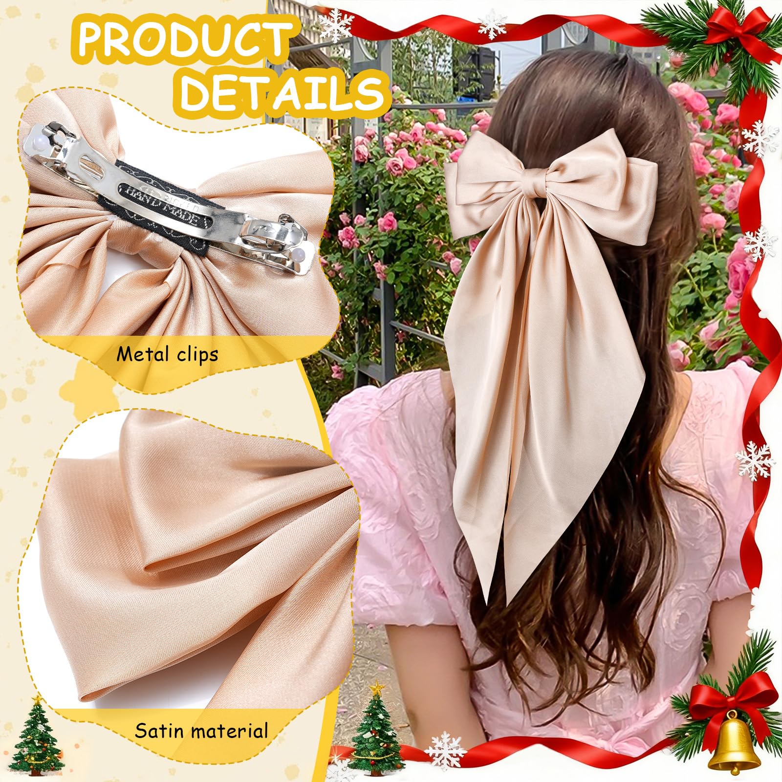 AWAYTR khaki satin bow clip offers neutral sophistication for any hairstyle.
