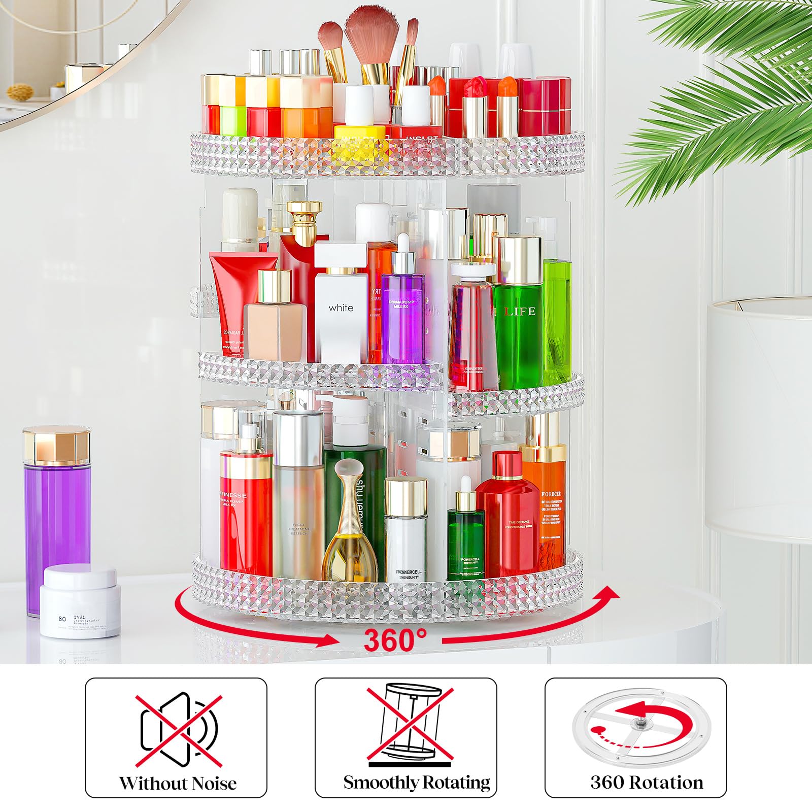 Awenia diamond-top plate design adds elegance while organizing cosmetics.