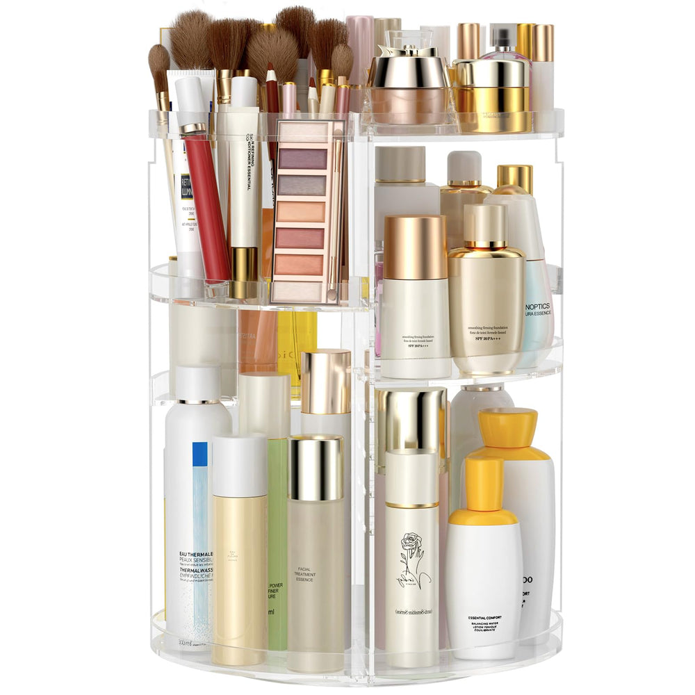 Awenia makeup organizer 360-degree rotation base enables quick access to cosmetics.