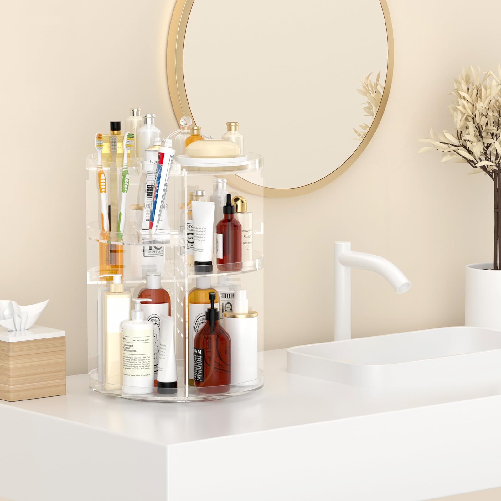 Awenia makeup organizer keeps contents visible for quick selection and reduced countertop clutter.