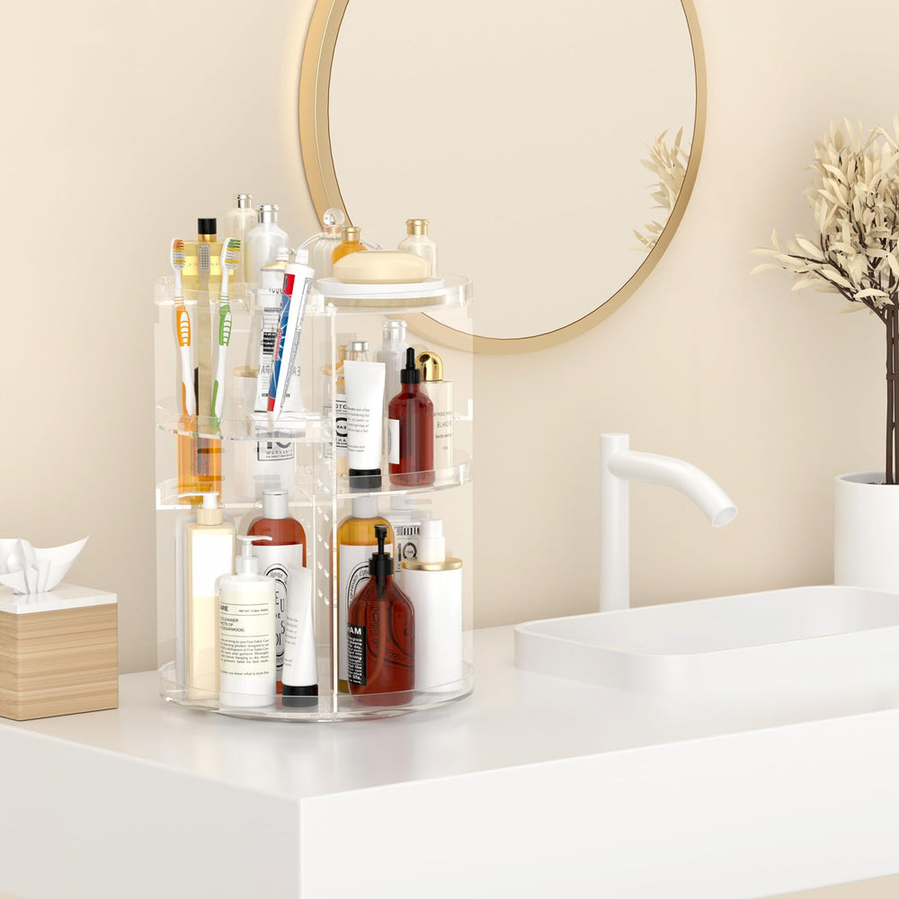 Awenia makeup organizer keeps contents visible for quick selection and reduced countertop clutter.