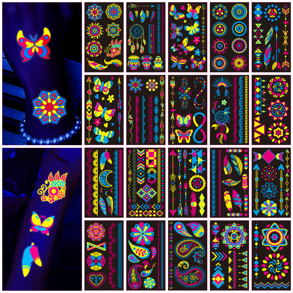 AWINMAY glow tattoos sheets shown under UV light for neon party vibes.