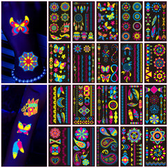 AWINMAY glow tattoos sheets shown under UV light for neon party vibes.