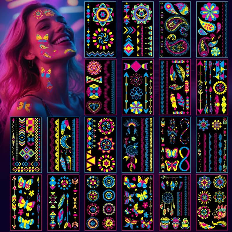 AWINMAY neon UV tattoos party pack glows during blacklight events.
