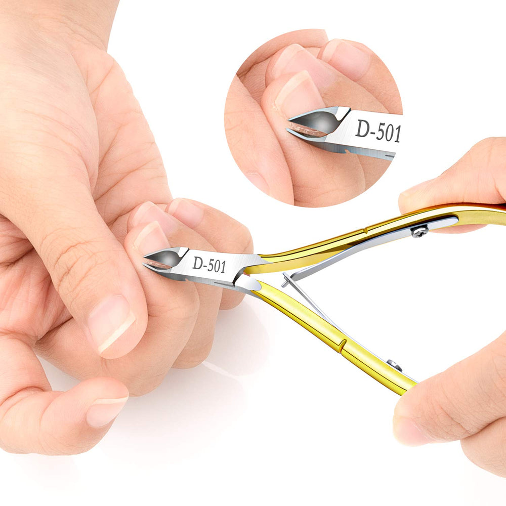 Awpeye rainbow cuticle nippers being disinfected with alcohol wipe.