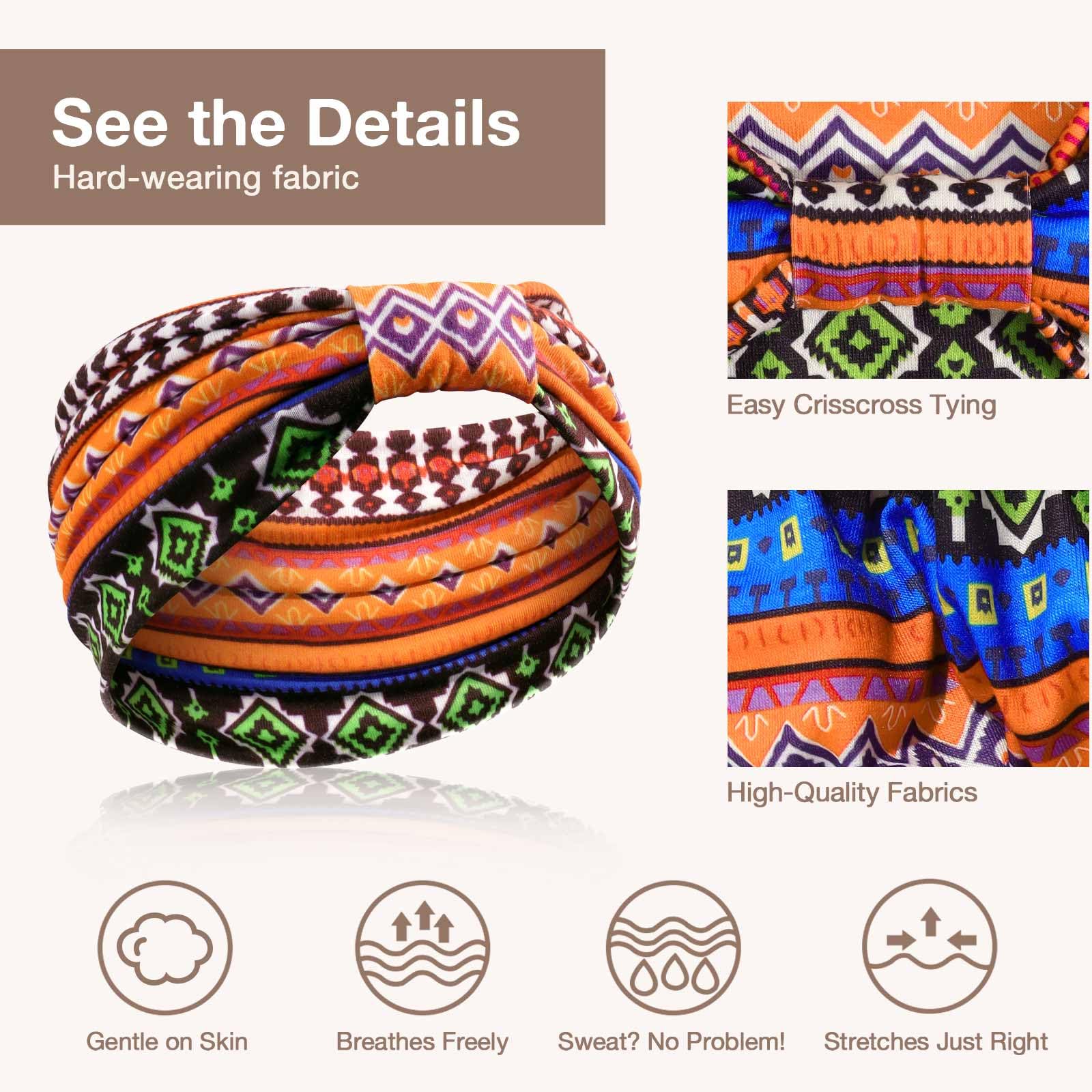 Awumbuk boho African color headwrap offers fashion-forward look and hair control.