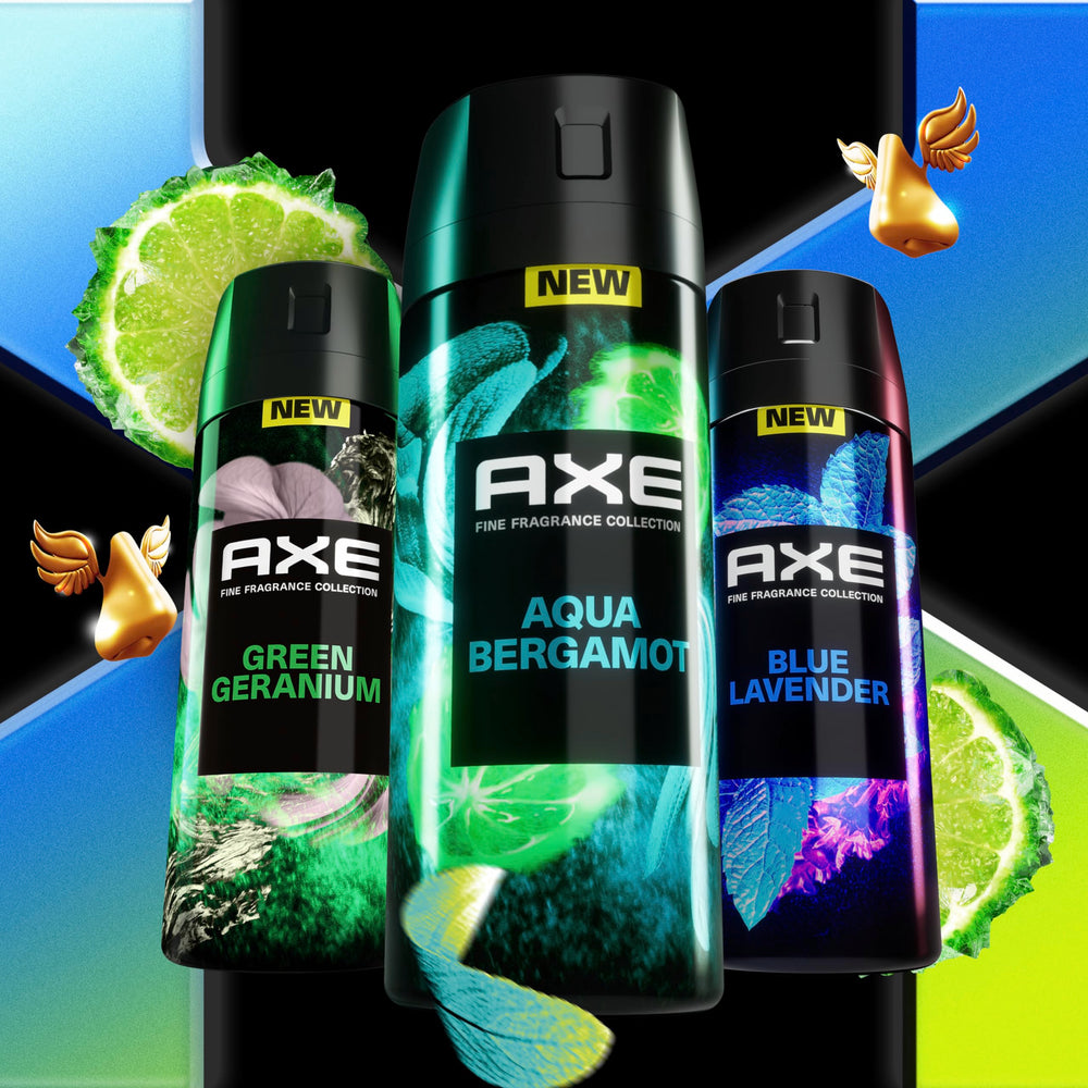 AXE aluminum-free badge indicating skin-friendly, refreshing formula.