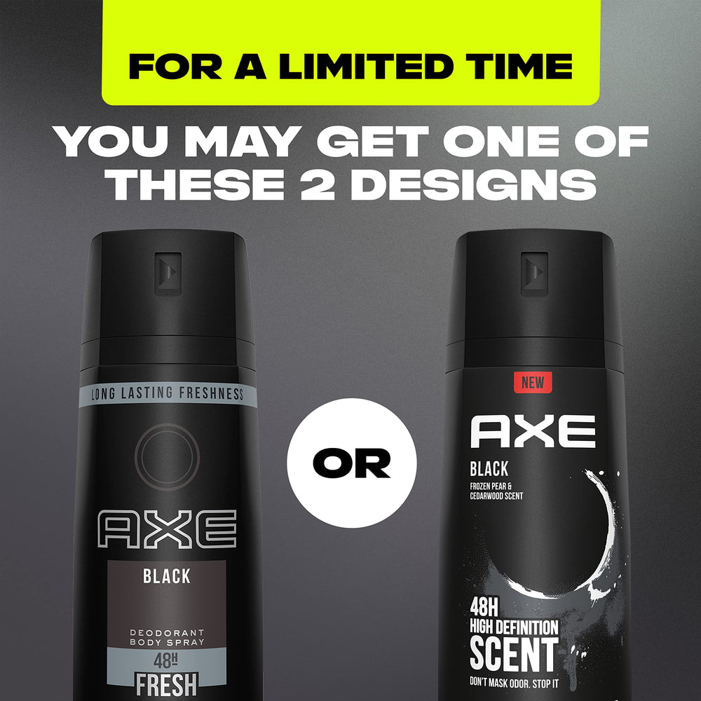AXE Black body spray arm-application image shows subtle scent with 48-hour protection possibilities.