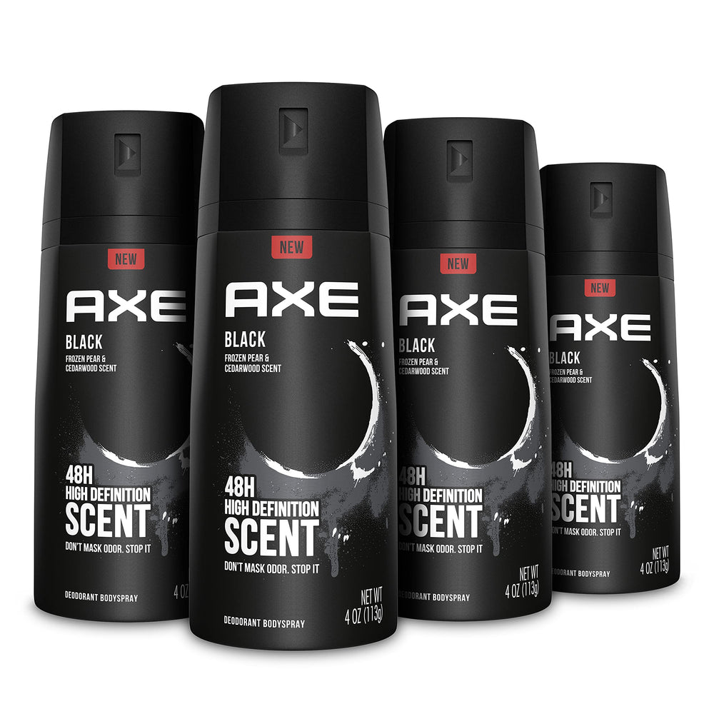 AXE Black body spray bottle closeup highlighting aluminum-free formula for long-lasting freshness.