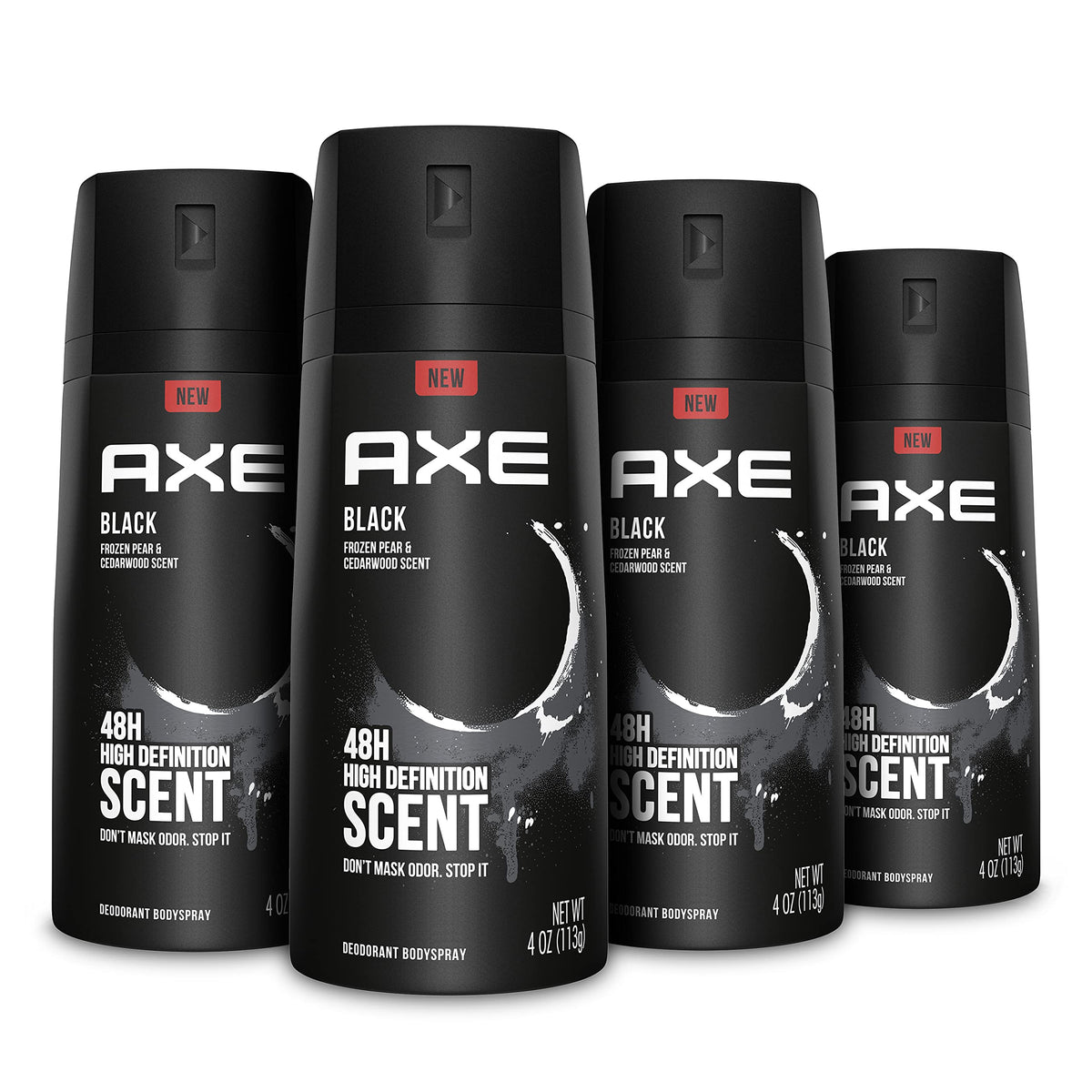 AXE Black body spray bottle closeup highlighting aluminum-free formula for long-lasting freshness.
