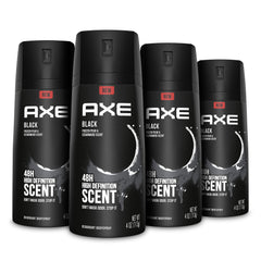 AXE Black body spray bottle closeup highlighting aluminum-free formula for long-lasting freshness.