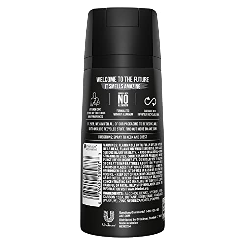AXE Black body spray dispensing mist demonstrates quick application for odor protection.