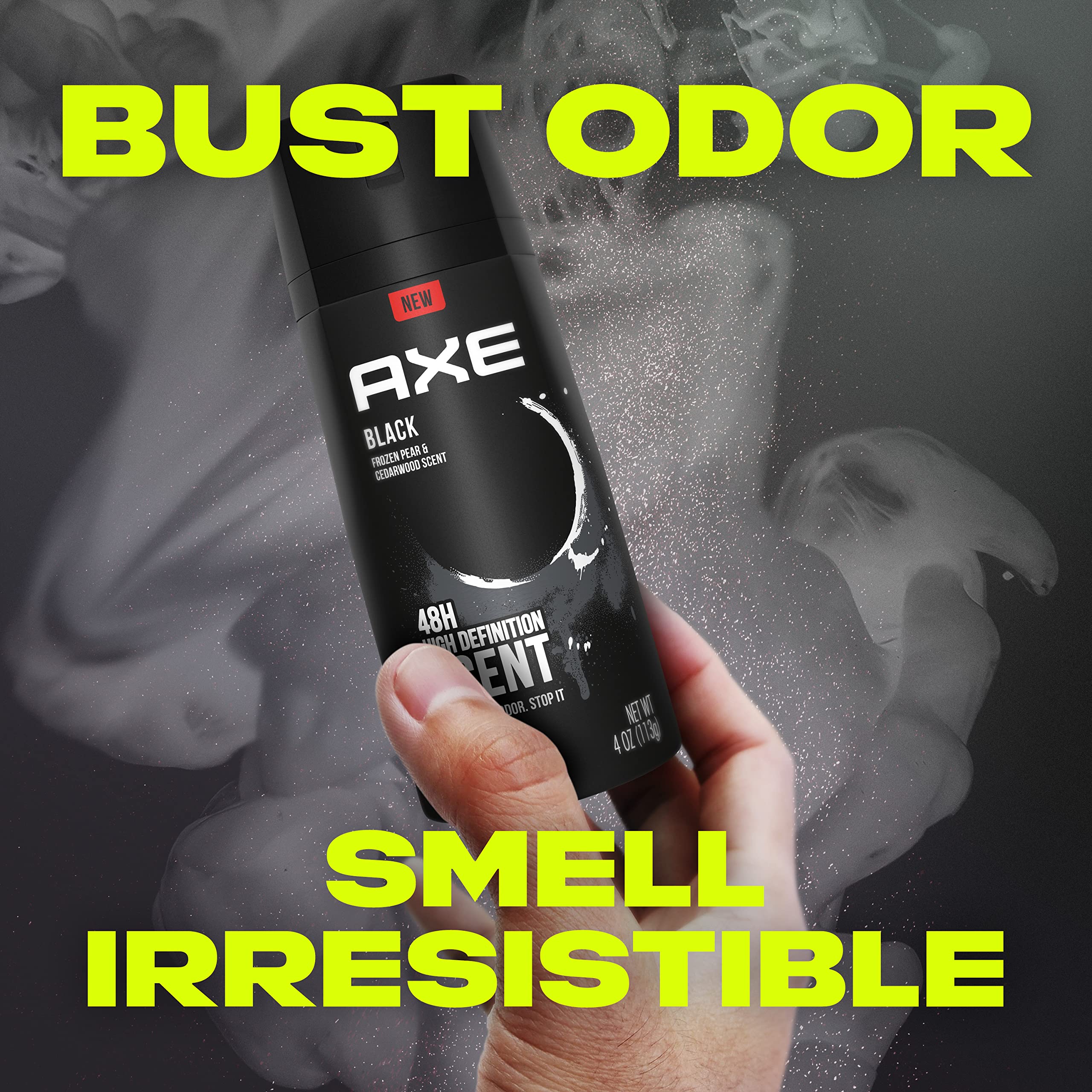 AXE Black body spray pack-of-4 bottles emphasizes value and consistent odor defense.