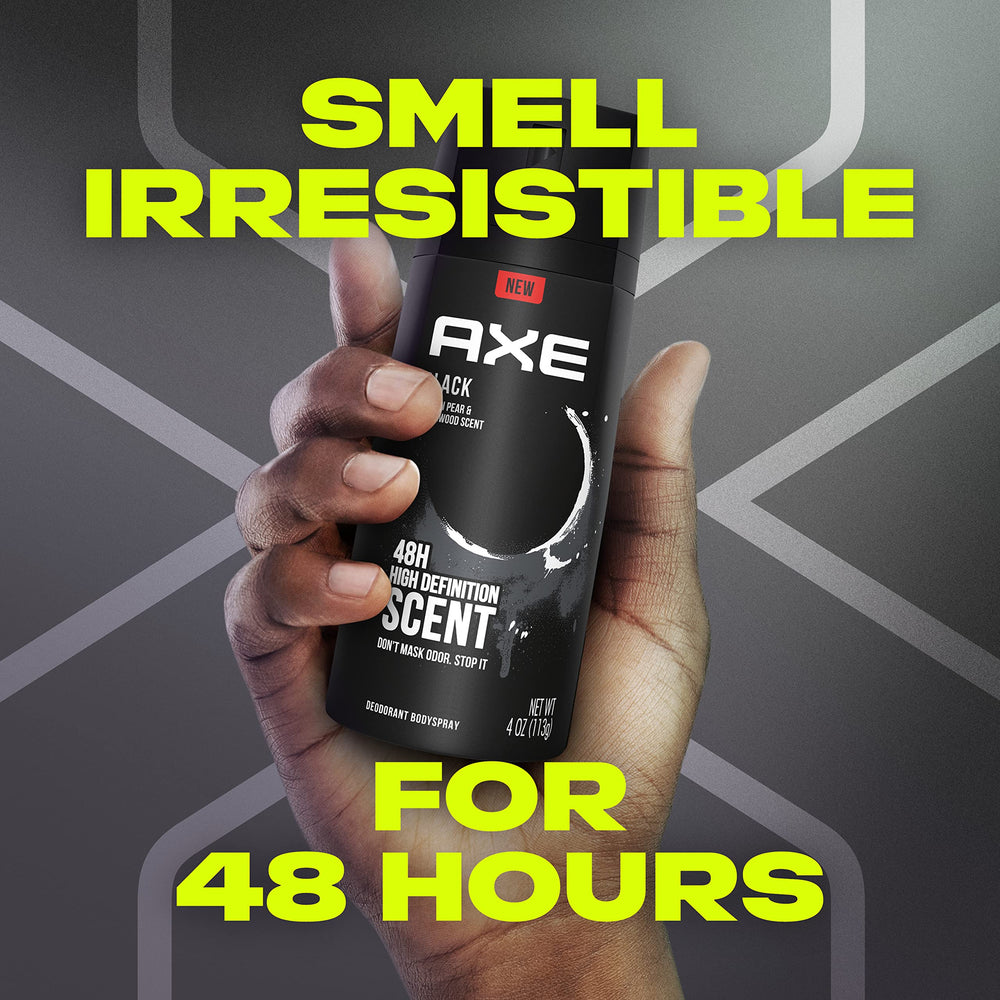 AXE Black cedarwood-pear fragrance label communicates a fresh, sophisticated scent profile.