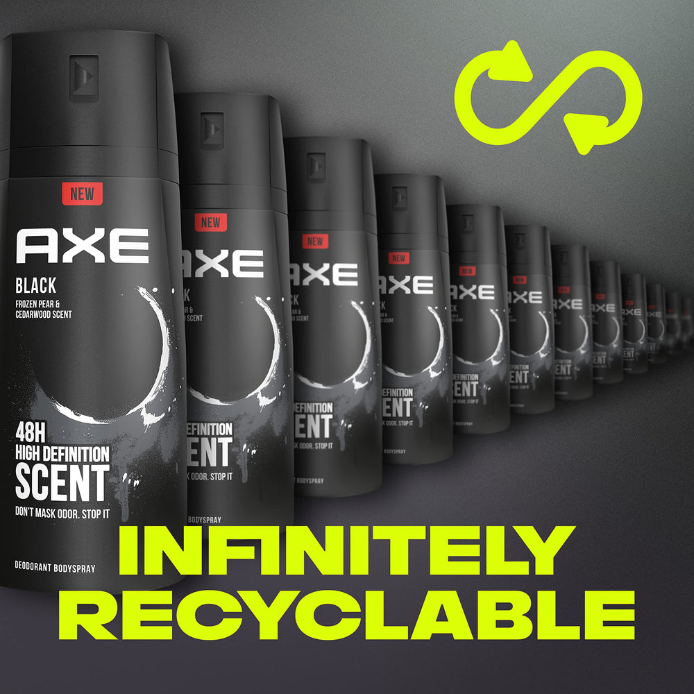 AXE Black deodorant bottle angled-view highlights brand presence and versatile usage opportunities.