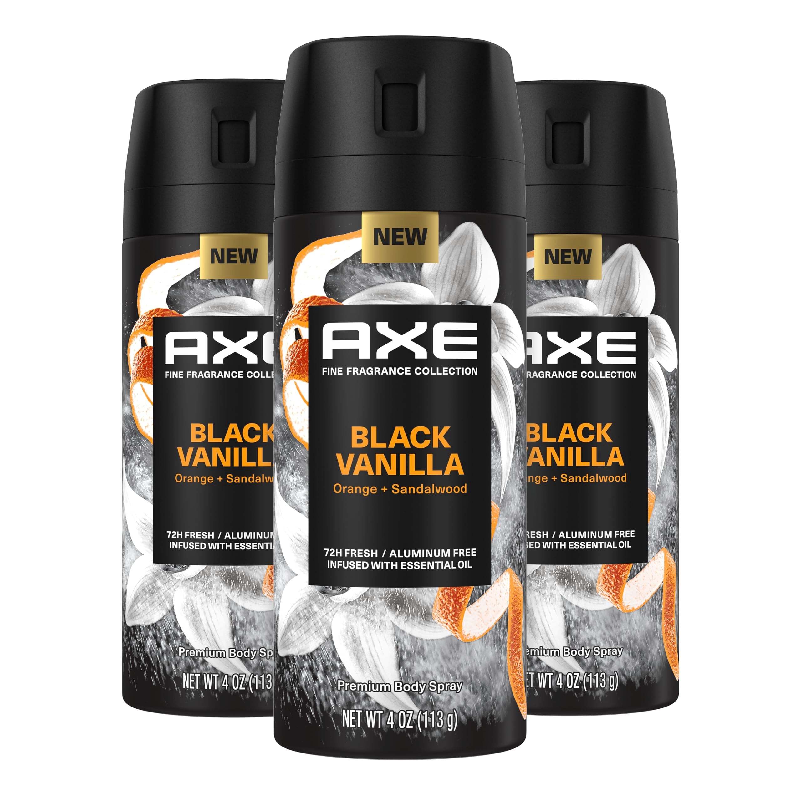 AXE Black Vanilla orange-sandalwood spray can with 72-hour odor protection.