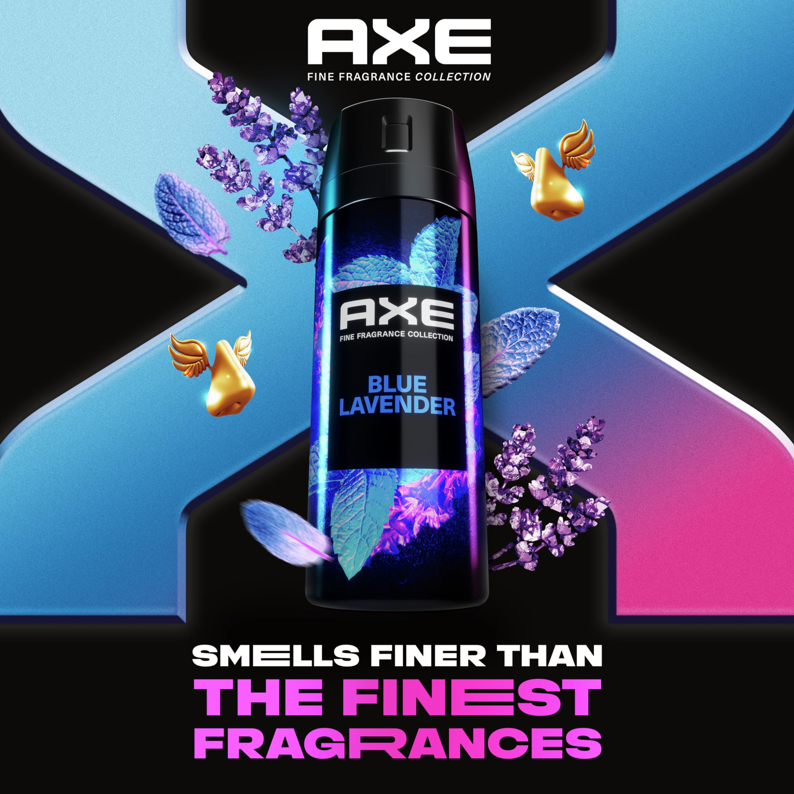Closeup of AXE Blue Lavender bottle highlighting aluminum-free formula.