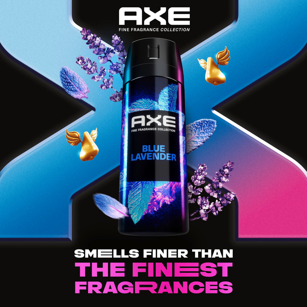 Closeup of AXE Blue Lavender bottle highlighting aluminum-free formula.