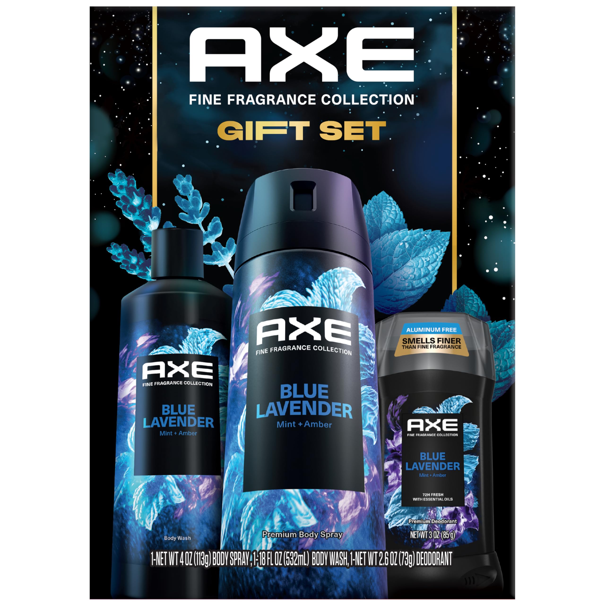 AXE Blue Lavender gift box shows the three-piece set for gifting versatility